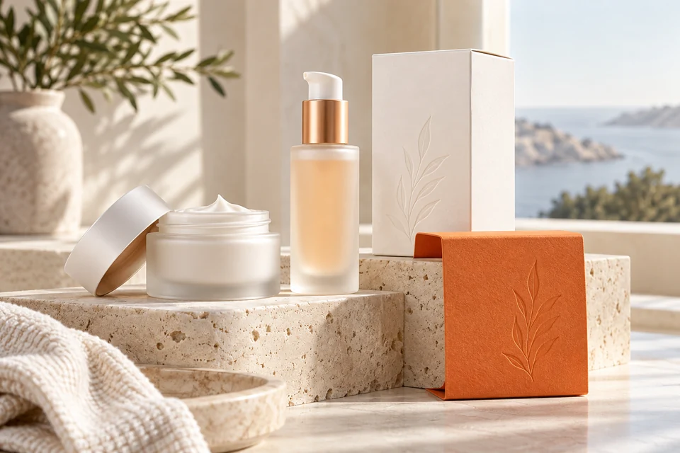 Frosted skincare jar, serum bottle and coordinated cartons on pale stone.