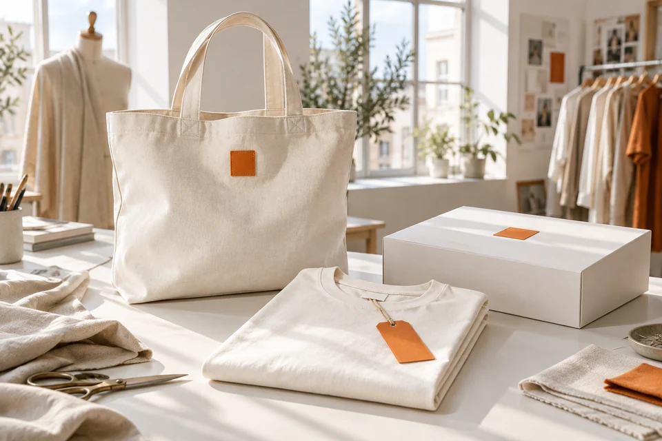 Natural cotton tote and coordinated branded apparel pieces.