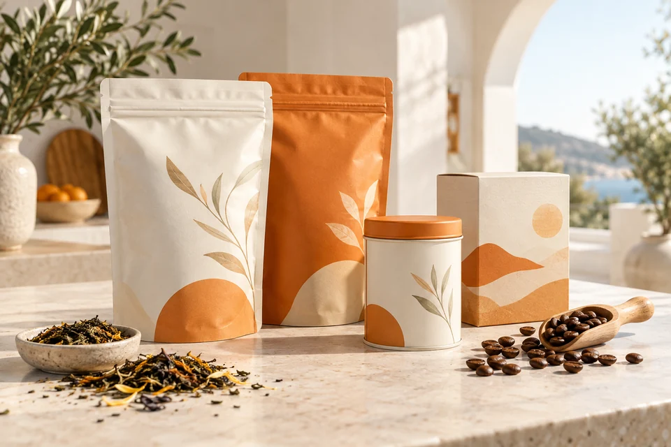 Resealable pouches and tea packaging styled with tea leaves and coffee beans.