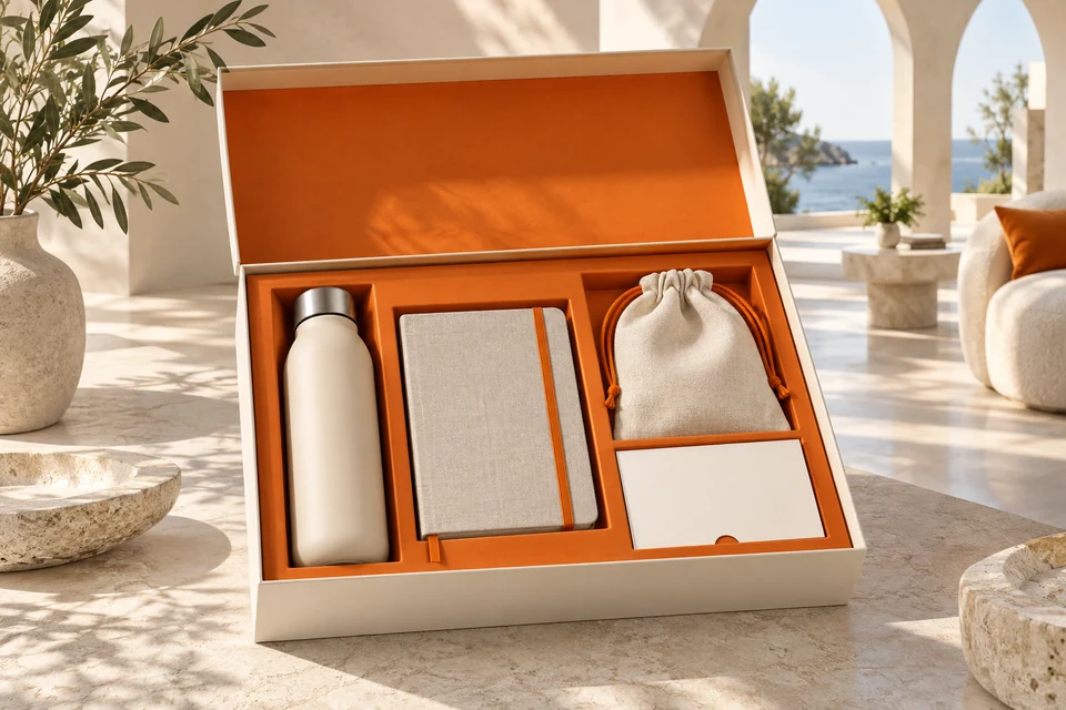 Coordinated bottle, notebook and pouch inside a presentation case.