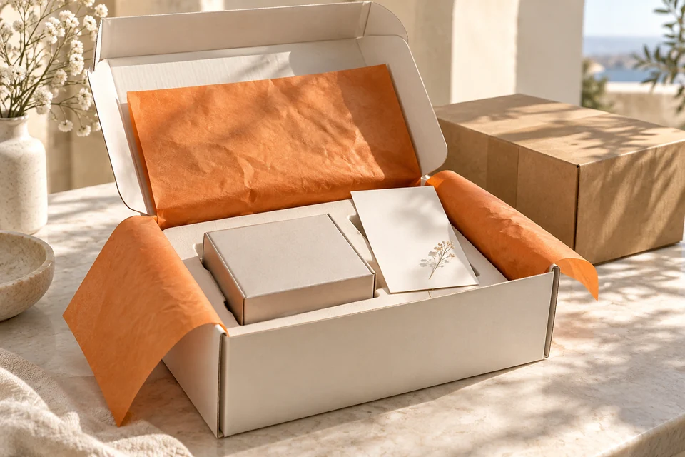 Open mailer with orange tissue, fitted insert and coordinated printed card.