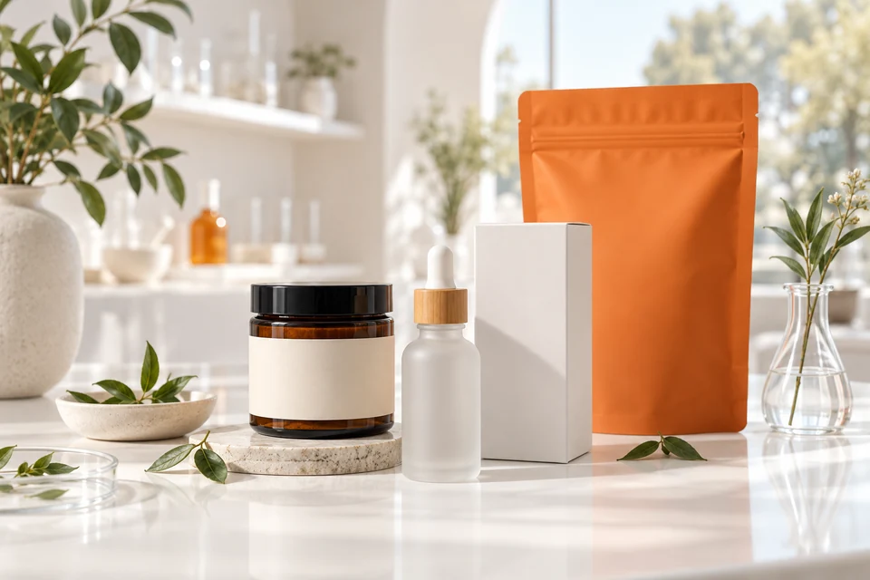 Amber jar, frosted dropper bottle and plain pouch in a botanical product composition.
