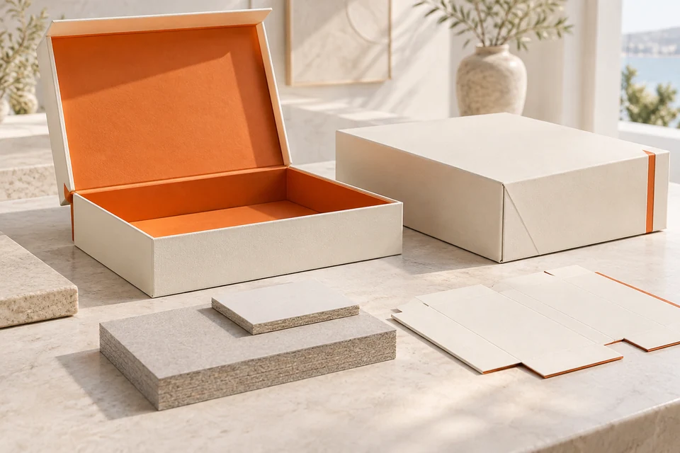 Rigid presentation case and folding carton with visible board construction.