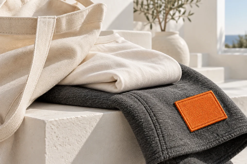 Cotton canvas, jersey, charcoal fleece and an orange embroidered patch.