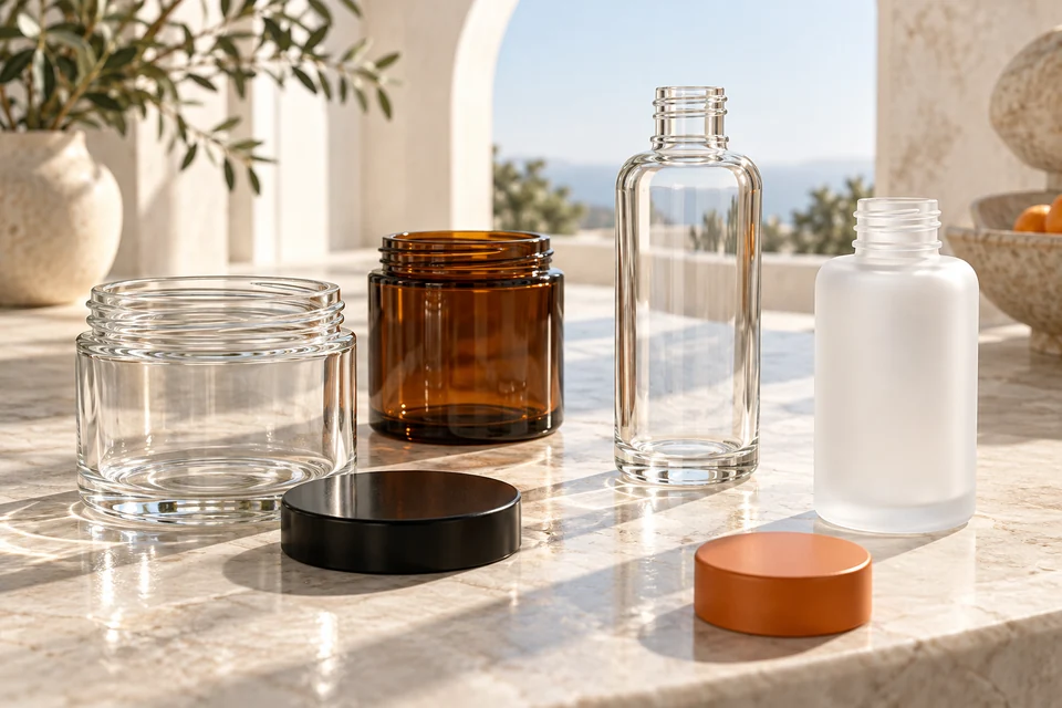 Glass jars and bottles with matching closures.