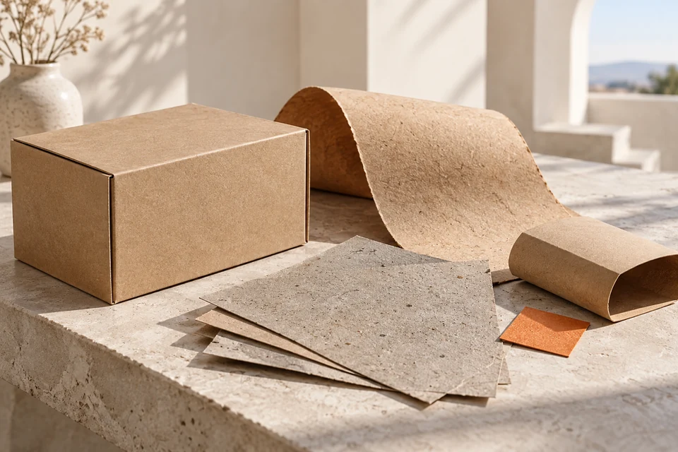 Natural kraft box, curved kraft paper and flecked paper samples.