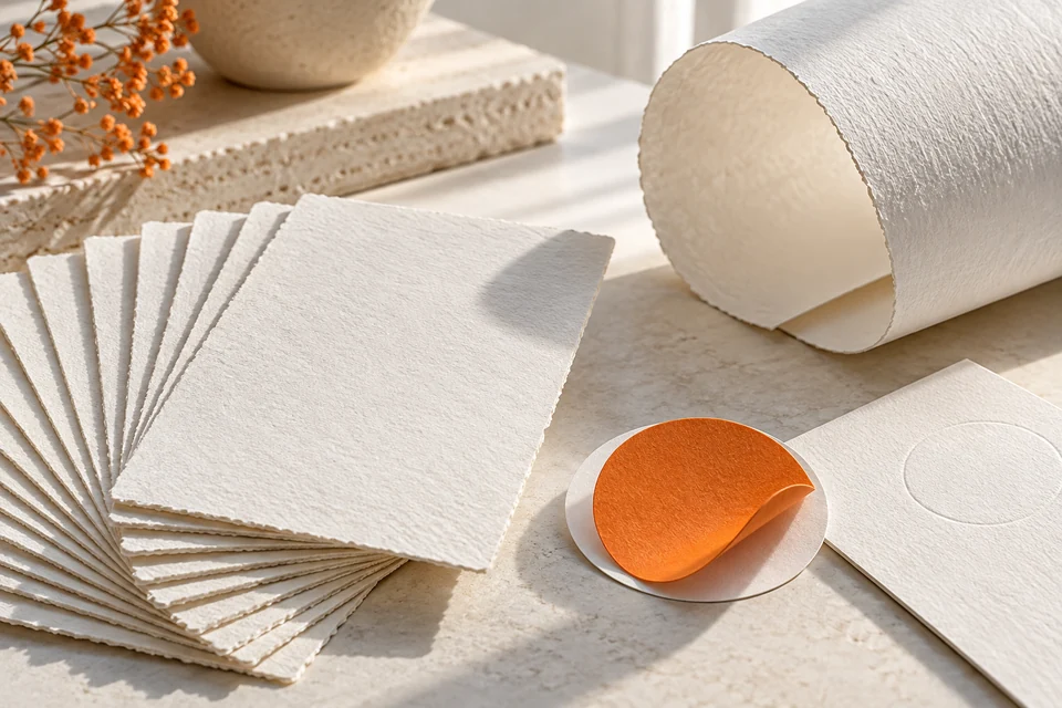 Textured printed-piece stocks and a peeled adhesive paper label.