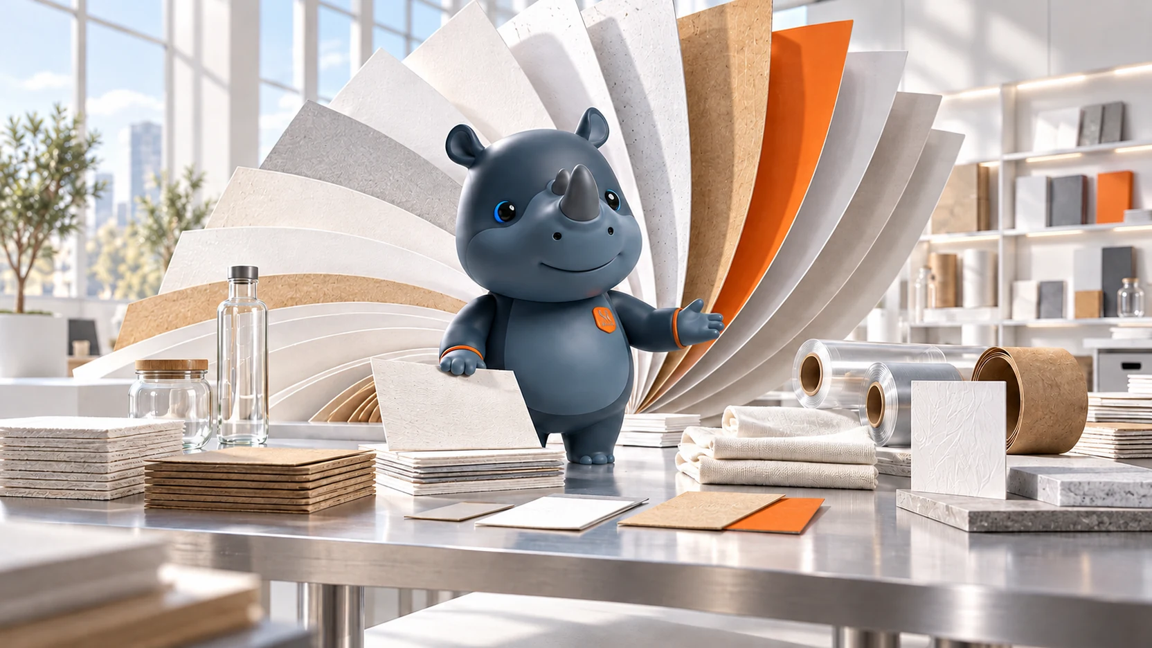 Rhyno presents tactile paper samples in a luminous material library, surrounded by board, fabric, films and glass.