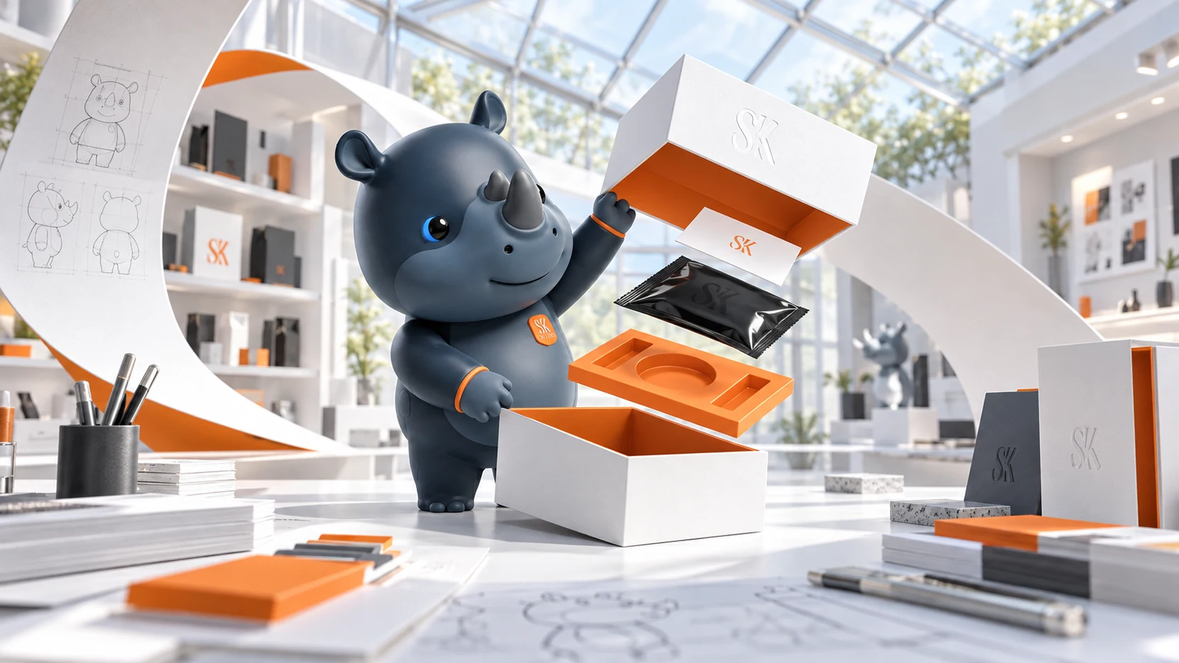 Rhyno opens a presentation box in a sunlit design atelier, with packaging components suspended in an exploded view.