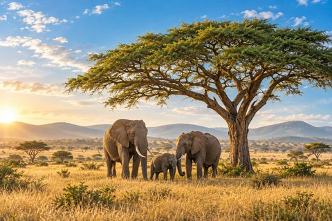 Elephants beneath an acacia tree in a golden savannah landscape.