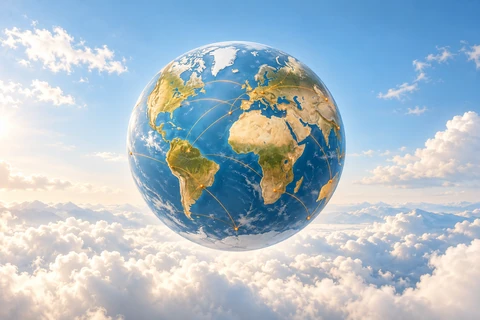 A blue and gold globe with orange connections above soft white clouds.