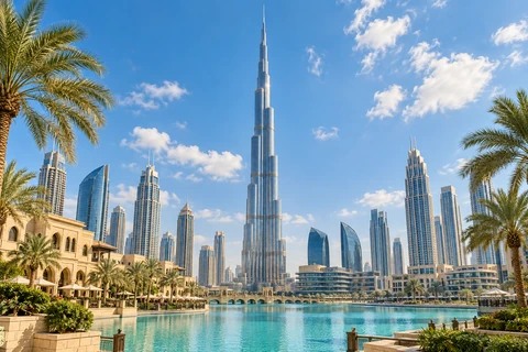 Dubai skyline with Burj Khalifa, palms and blue waterfront.
